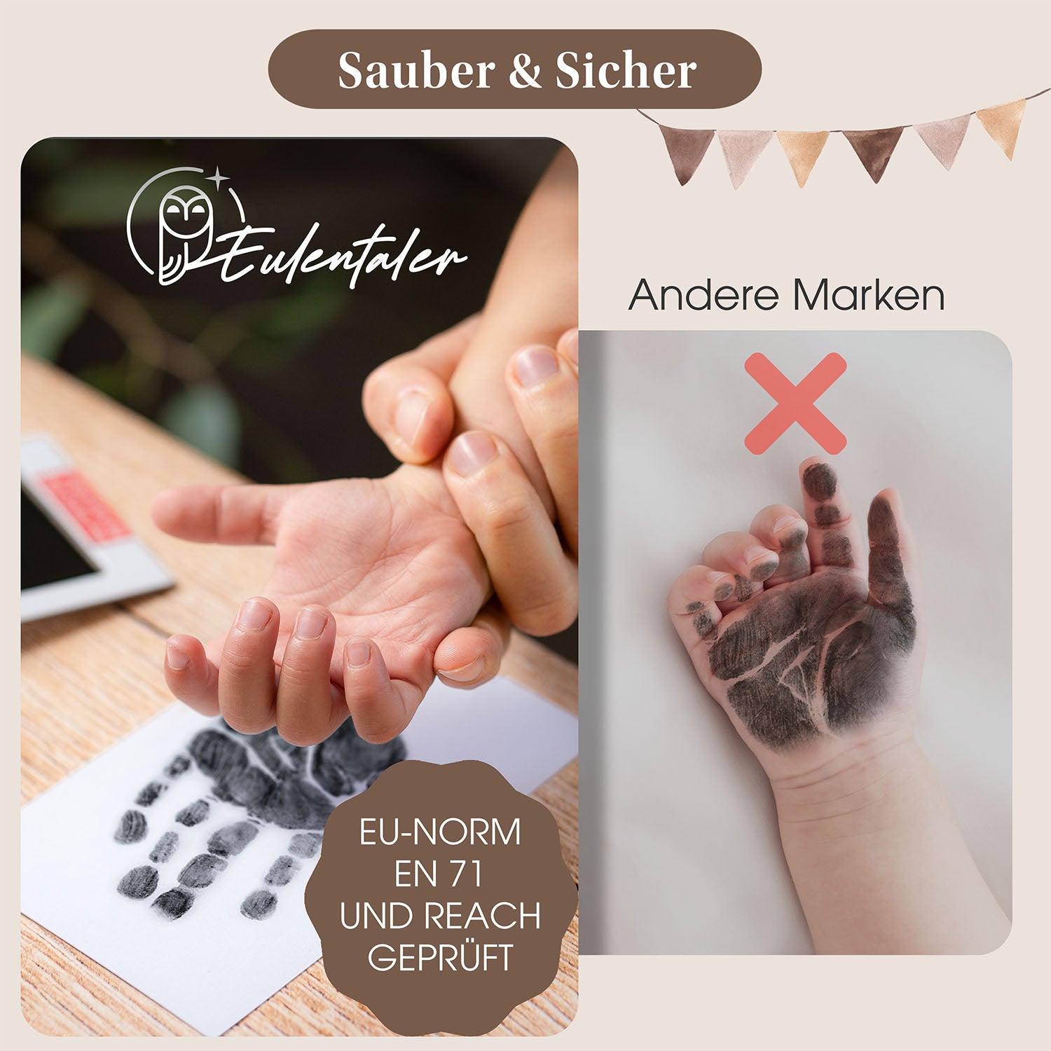 Vergleich von Baby-Abdrucksets: sicheres und sauberes Abdruckset von Eulentaler nach EU-Norm EN 71 und REACH geprüft, im Vergleich zu anderen Marken.