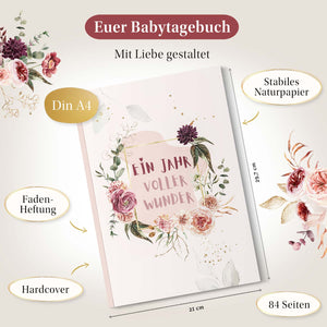 Babytagebuch 'Ein Jahr voller Wunder' im DIN A4-Format mit Hardcover und Fadenheftung, liebevoll gestaltet mit floralen Elementen und stabilem Naturpapier.