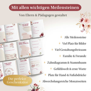 Erinnerungsalbum für Babys, von Eltern und Pädagogen gestaltet, enthält alle wichtigen Meilensteine, Platz für Bilder und persönliche Gestaltung, ideal als Geschenkidee.