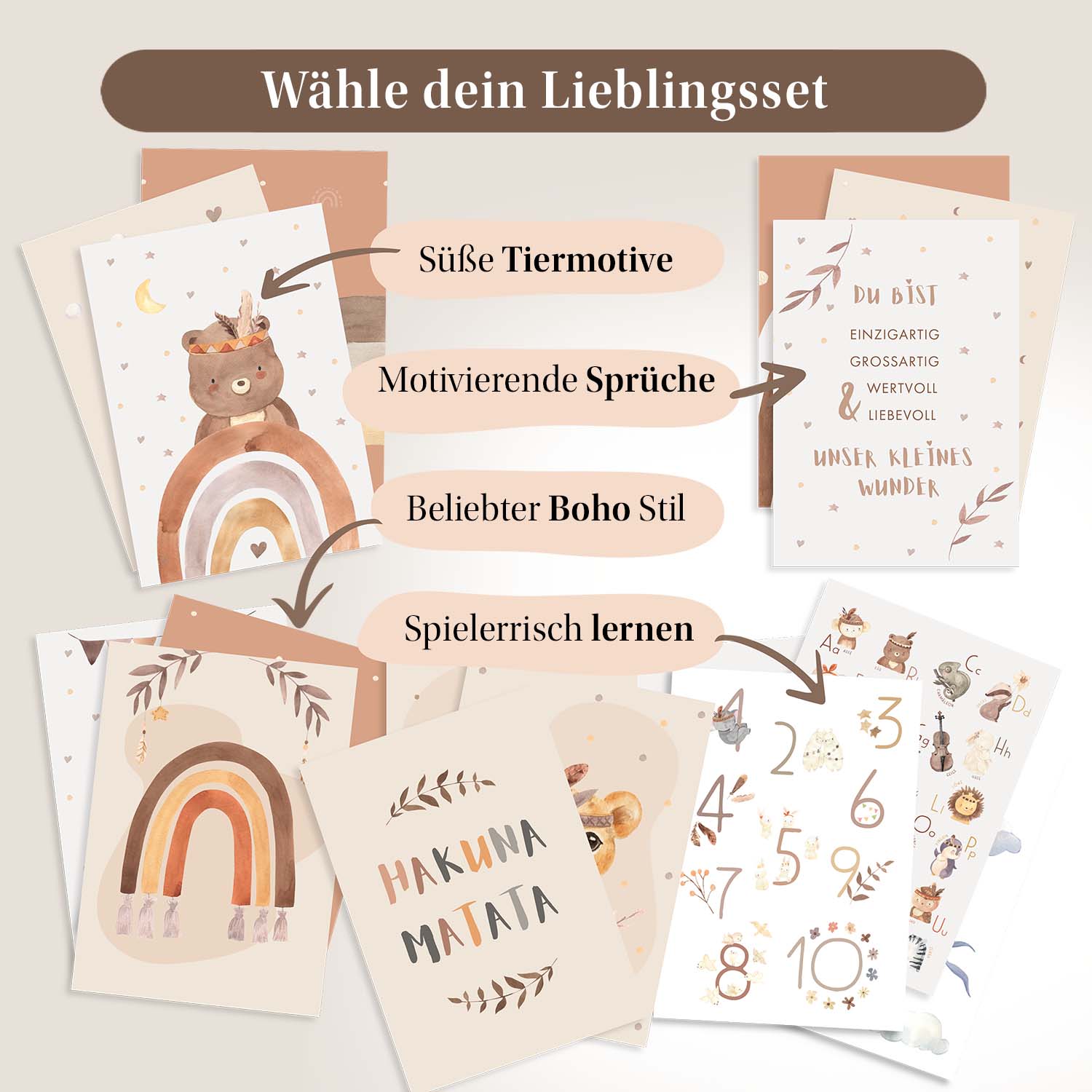 Auswahl an verschiedenen Kinderzimmerpostern mit süßen Tiermotiven, motivierenden Sprüchen und spielerischen Lerninhalten im beliebten Boho-Stil.