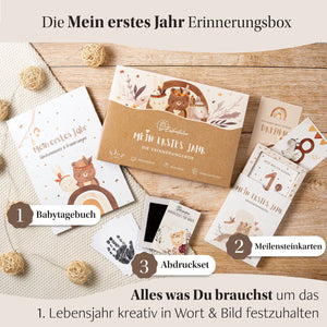 Erinnerungsbox-Set 'Mein erstes Jahr' mit Babybuch, Meilensteinkarten und Abdruckset für Babys in einem niedlichen Design mit Tierillustrationen.