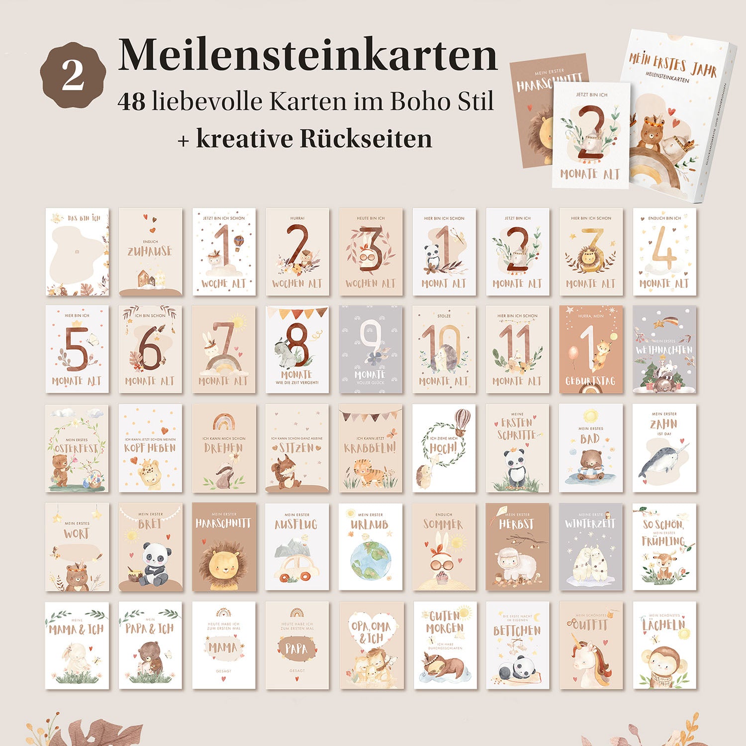 48 Meilensteinkarten "Mein erstes Jahr" mit niedlichen Tierillustrationen