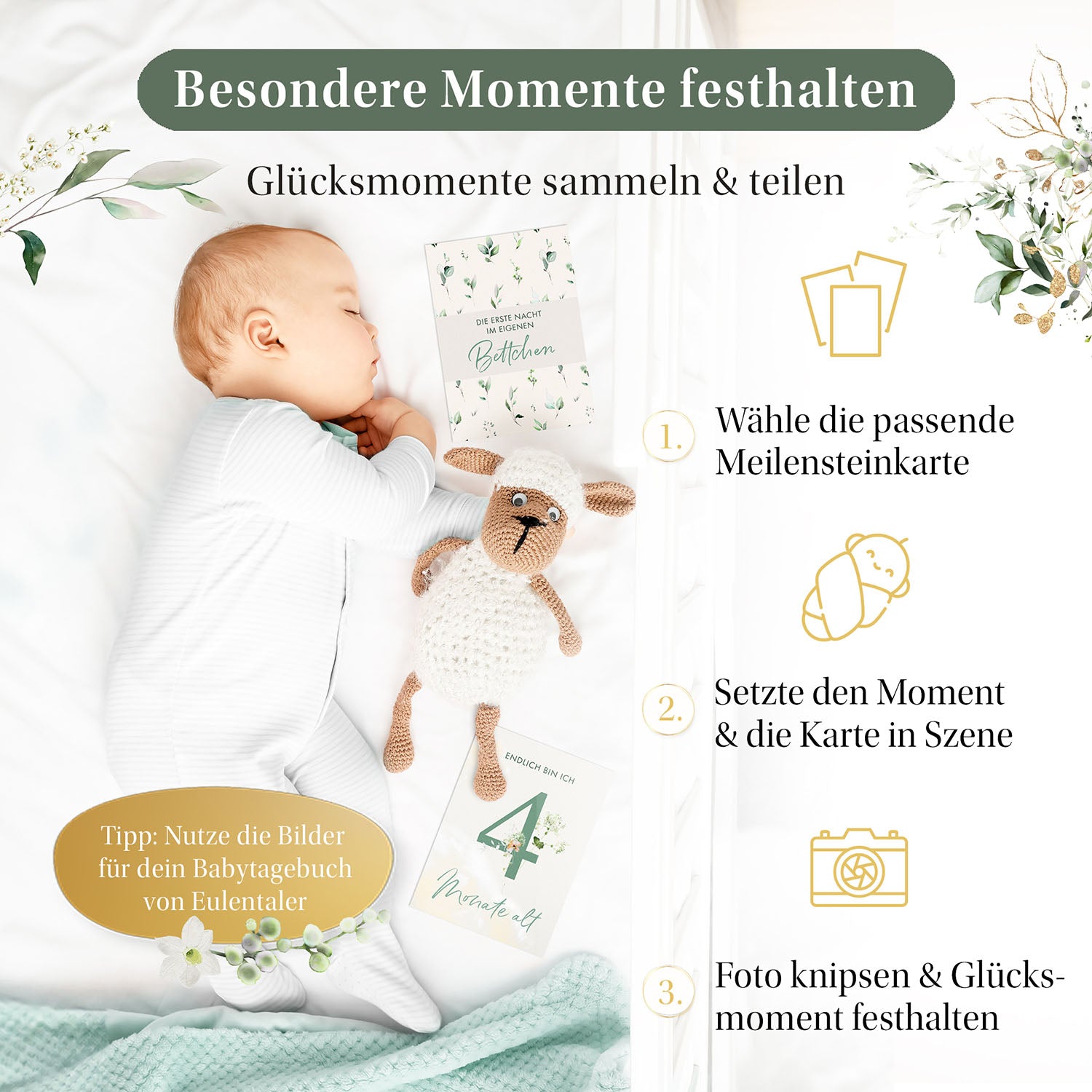 Besondere Momente festhalten: Wähle eine Meilensteinkarte, setze sie in Szene und halte den Glücksmoment deines Babys fest.