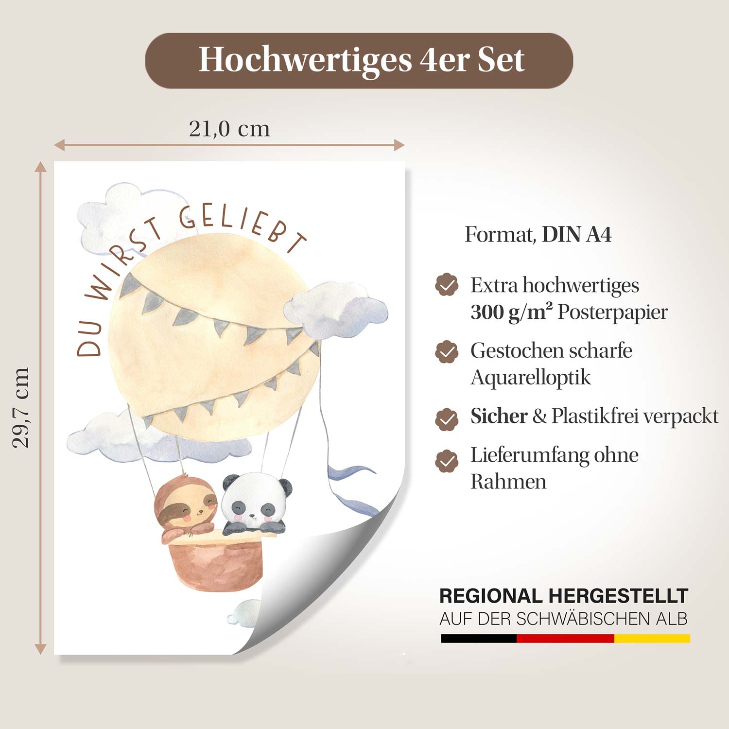 Hochwertiges 4er Set Kinderzimmerposter im DIN A4-Format mit Luftballonmotiv, auf 300 g/m² Papier, gestochen scharfer Aquarelloptik, plastikfrei verpackt.