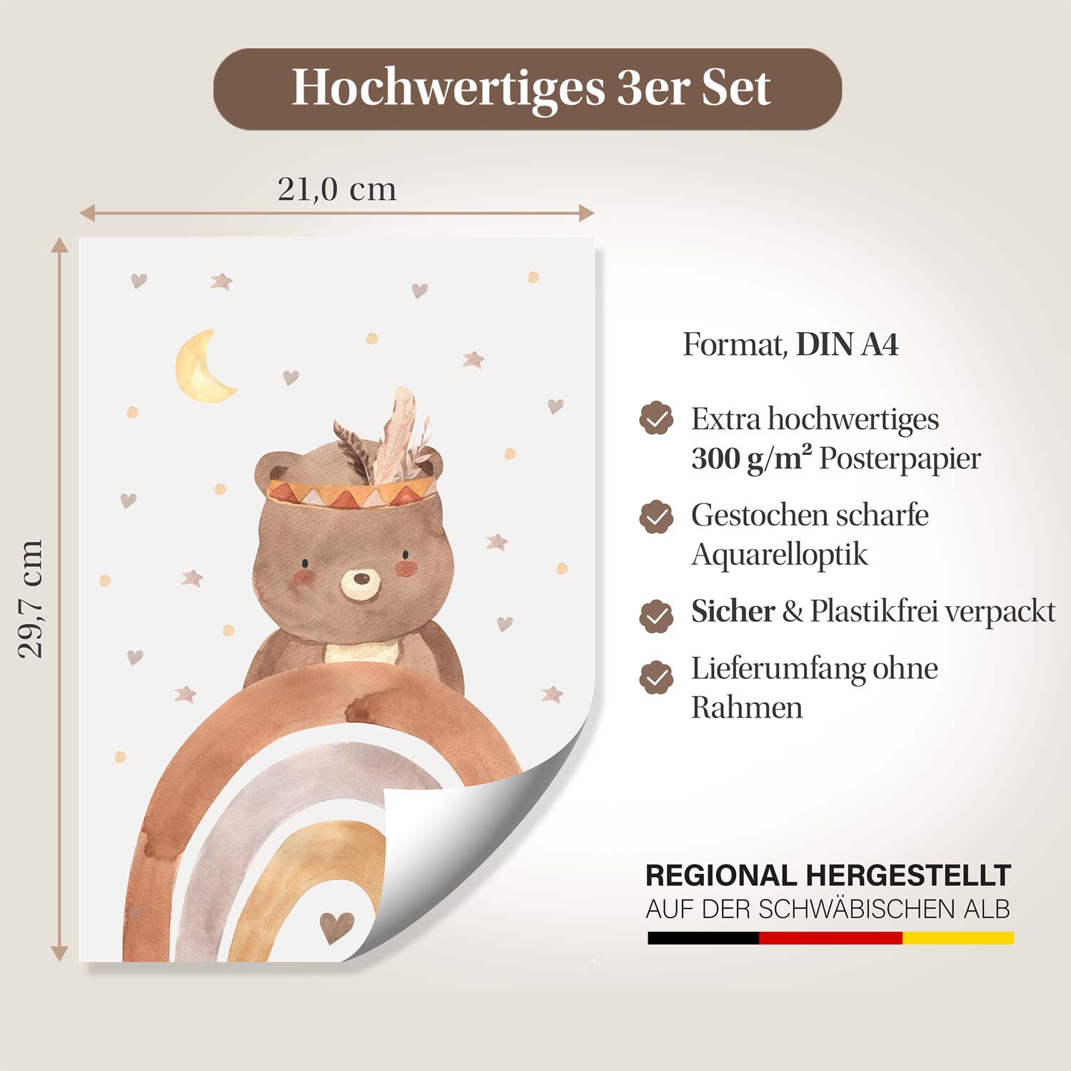 Hochwertiges 3er Set Kinderzimmerposter im DIN A4-Format mit Bärenmotiv, auf 300 g/m² Papier, gestochen scharfer Aquarelloptik, plastikfrei verpackt.