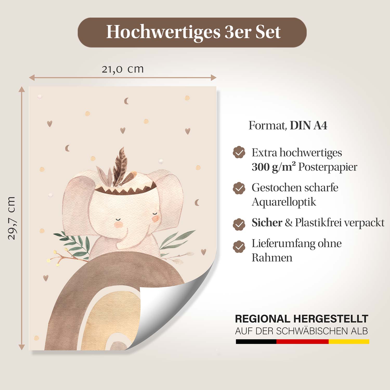 Hochwertiges 3er Set Kinderzimmerposter im DIN A4-Format mit Elefantenmotiv, auf 300 g/m² Papier, gestochen scharfer Aquarelloptik, plastikfrei verpackt.