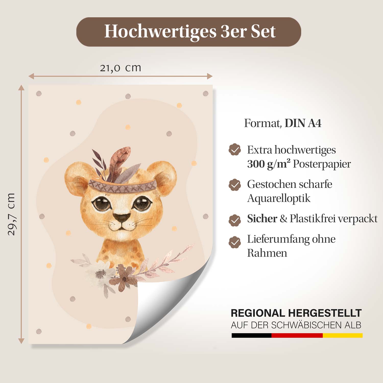 Hochwertiges 3er Set Kinderzimmerposter im DIN A4-Format mit Löwenmotiv, auf 300 g/m² Papier, gestochen scharfer Aquarelloptik, plastikfrei verpackt.