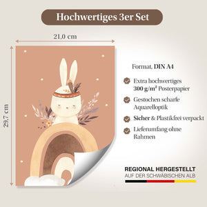 Hochwertiges 3er Set Kinderzimmerposter im DIN A4-Format mit Hasenmotiv, auf 300 g/m² Papier, scharfer Aquarelloptik, plastikfrei verpackt, ohne Rahmen.