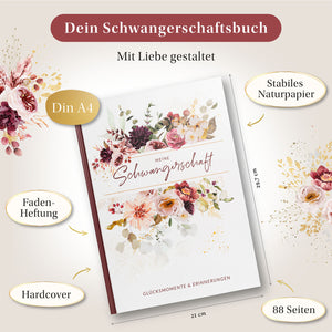 Elegantes Schwangerschaftstagebuch mit 88 Seiten, Fadenheftung & Naturpapier. Ideal für werdende Mütter, um ihre Erfahrungen stilvoll festzuhalten.