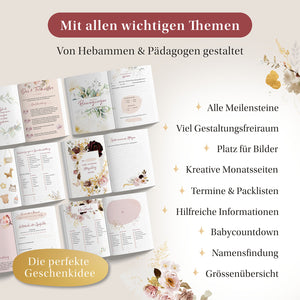 "Schwangerschaftstagebuch in elegantem Design mit Bereichen für Notizen, Erinnerungen, Fotos, Baby-Countdown, Ultraschallbilder und mehr."