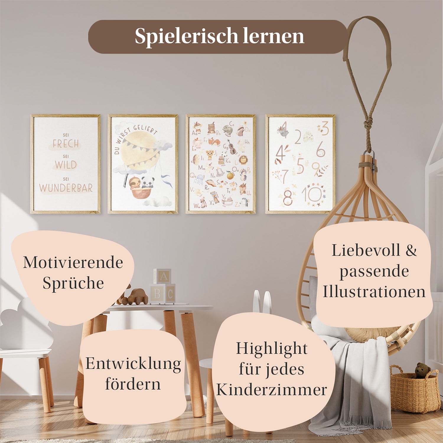 Vier gerahmte Kinderzimmerposter mit motivierenden Sprüchen, Alphabet- und Zahlenmotiven, ideal zur Förderung der Entwicklung und als stilvolle Dekoration.