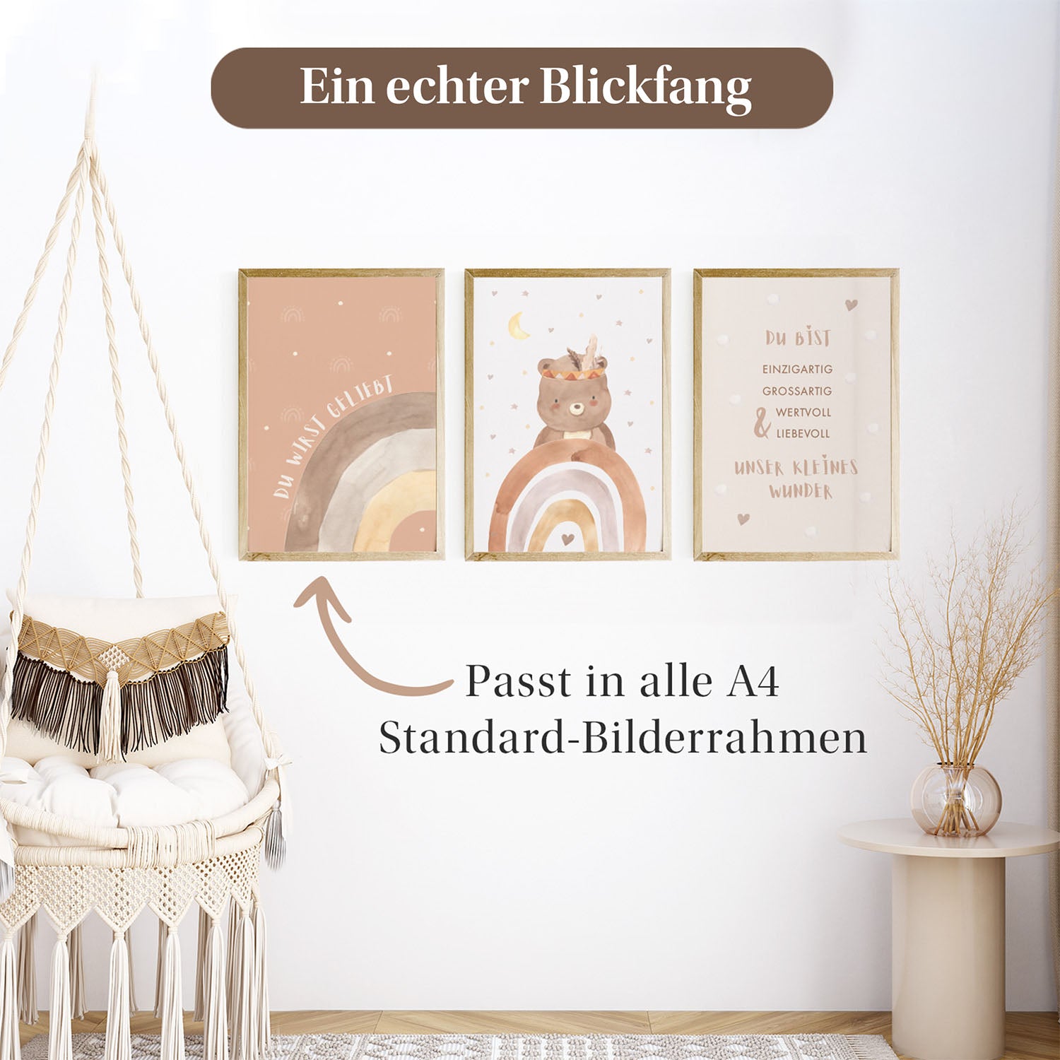 Drei Kinderzimmerposter mit Bärenmotiv und liebevollen Sprüchen, passend für alle A4 Standard-Bilderrahmen, als stilvoller Blickfang im Raum.