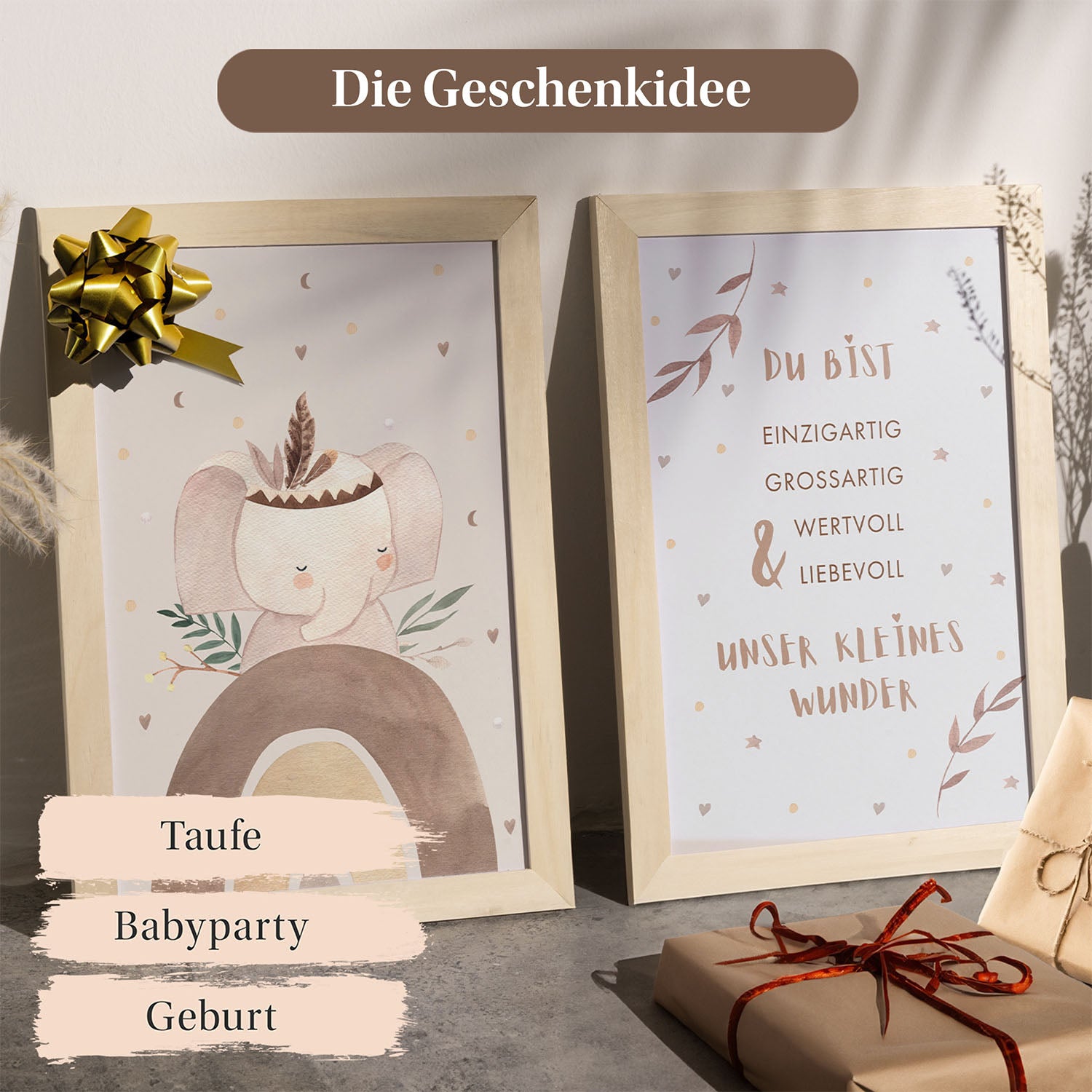 Zwei gerahmte Kinderzimmerposter mit Elefantenmotiv und liebevollem Spruch, ideal als Geschenk zur Geburt, Taufe oder Babyparty.