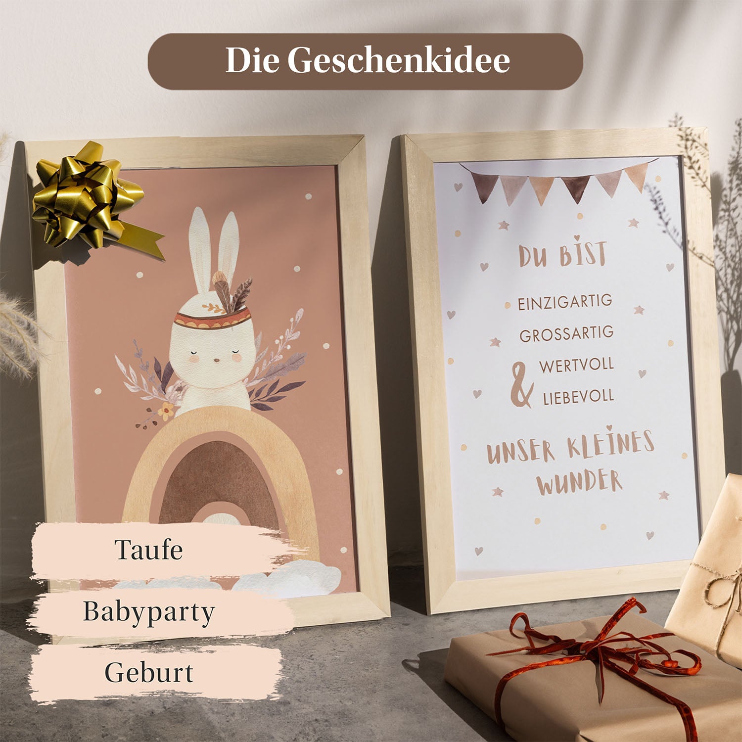 Zwei gerahmte Kinderzimmerposter mit Hasenmotiv und liebevollem Spruch, ideal als Geschenk zur Geburt, Taufe oder Babyparty.