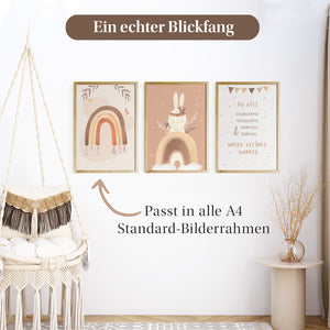 Drei Kinderzimmerposter mit Regenbogen- und Hasenmotiven, die in A4-Standard-Bilderrahmen passen und einen stilvollen Blickfang bieten.